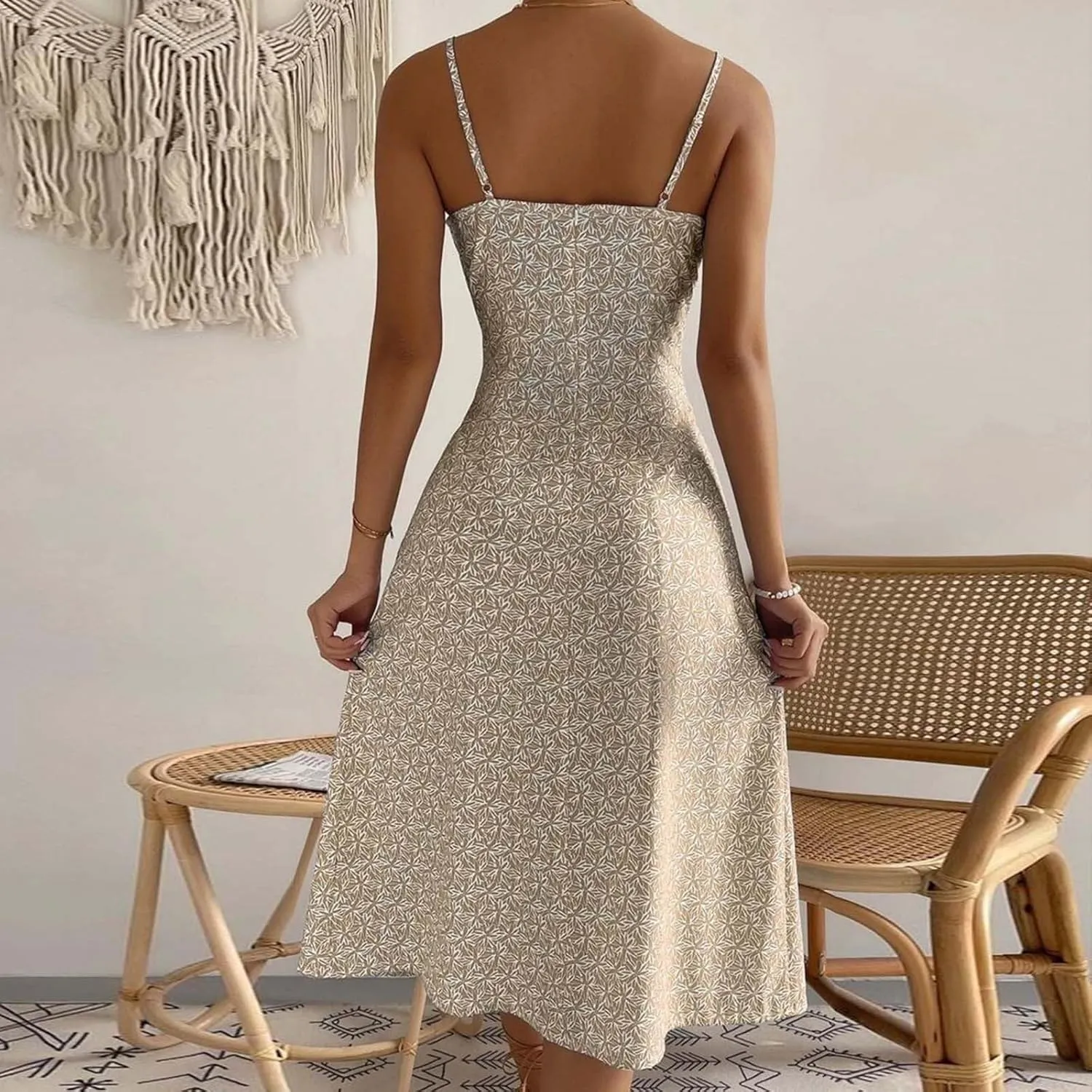 Women's Spaghetti Strap Bodycon Dress Sleeveless Ribbed Knit Slim Fit Side Slit Midi Dresses Summer Sexy Casual Dress