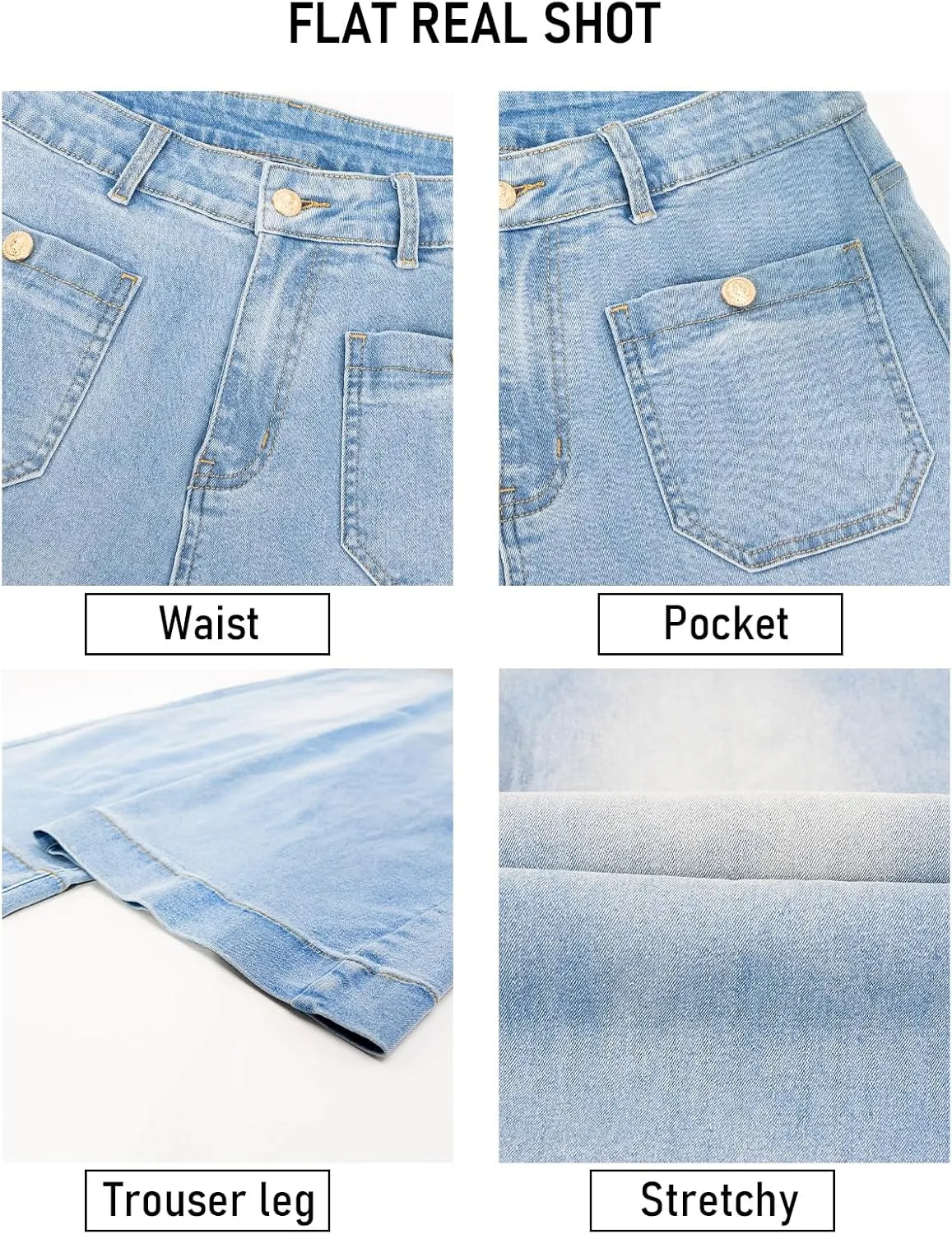 Women's Wide Leg Jeans with Patch Pockets, Straight Leg Jeans with High Waist, Stretchy Denim Pants Standard