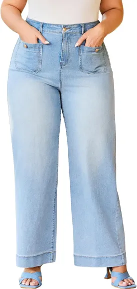 Women's Wide Leg Jeans with Patch Pockets, Straight Leg Jeans with High Waist, Stretchy Denim Pants Standard