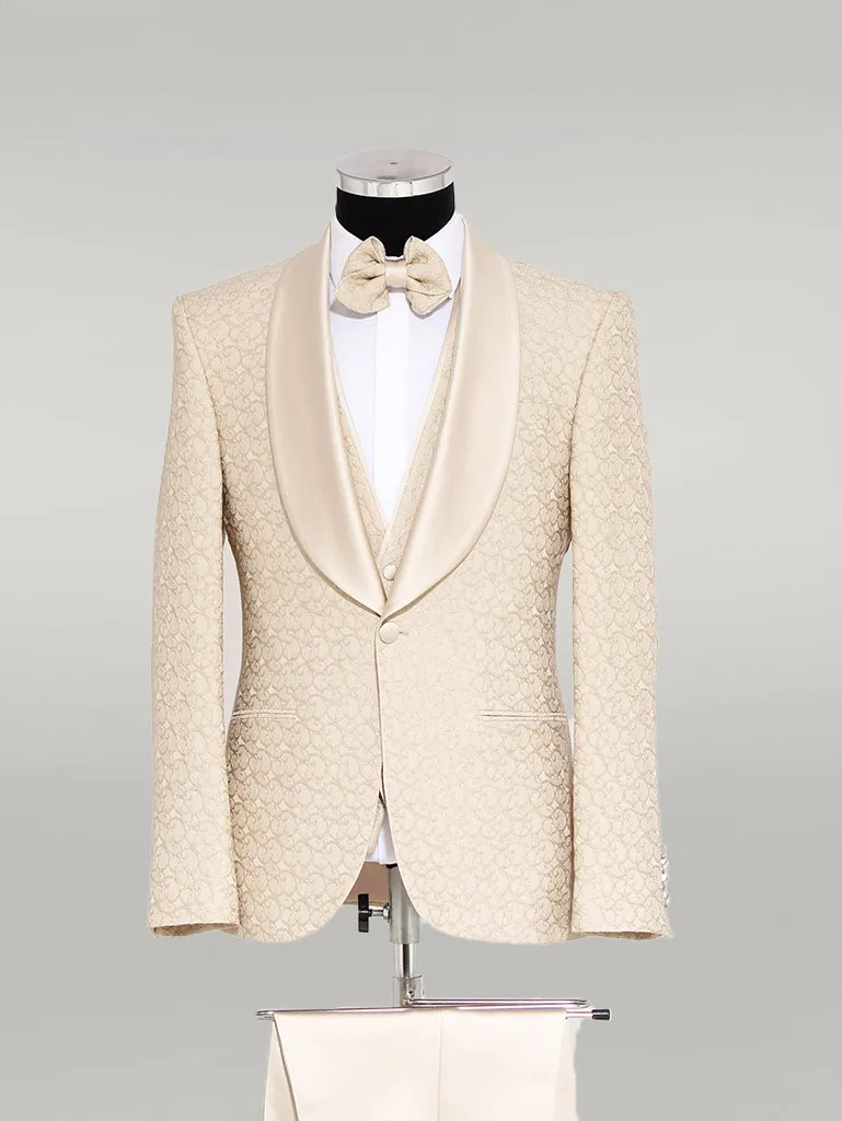 WSS Brocade Double-Breasted Satin Lapel Ivory Men's Tuxedo with Bow Tie  - Singen