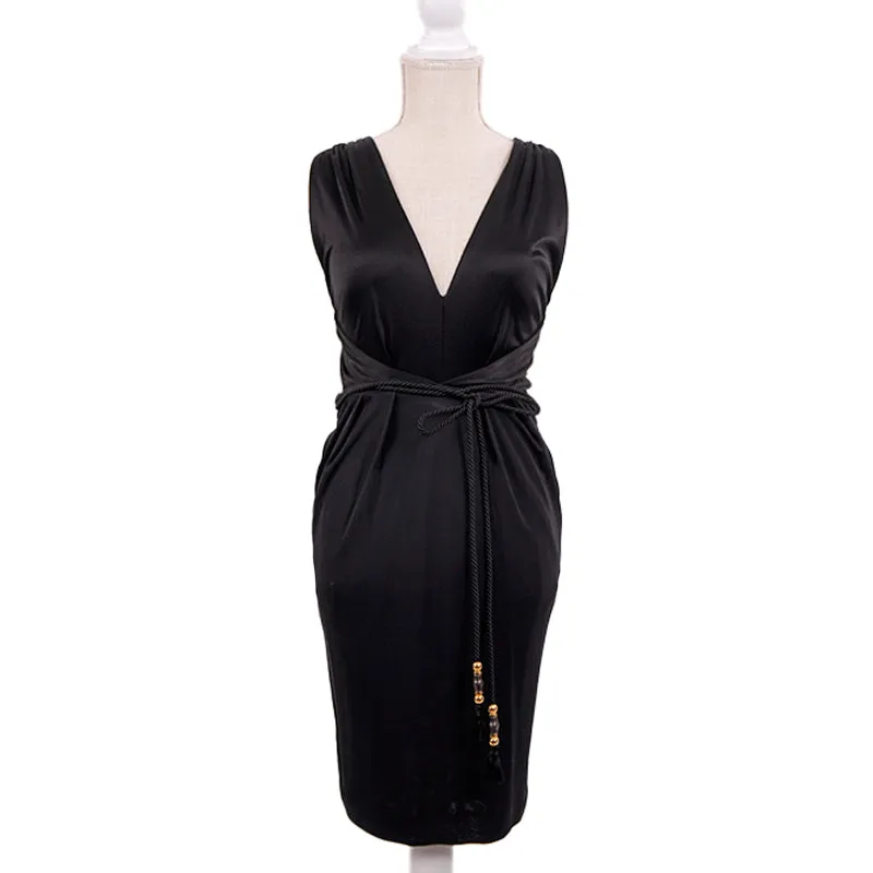 XXS NEW $1595 GUCCI Black DRAPE OPEN BACK Sleeveless CORD BAMBOO BELT DRESS LBD
