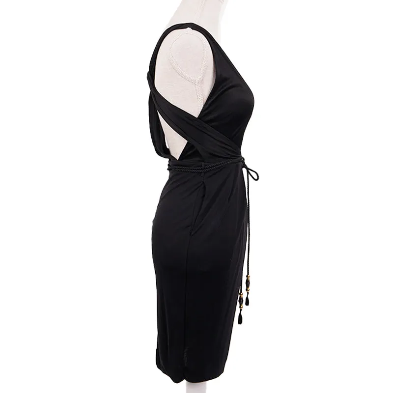 XXS NEW $1595 GUCCI Black DRAPE OPEN BACK Sleeveless CORD BAMBOO BELT DRESS LBD