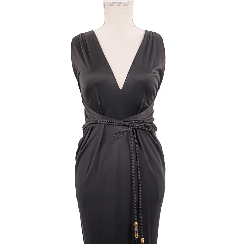 XXS NEW $1595 GUCCI Black DRAPE OPEN BACK Sleeveless CORD BAMBOO BELT DRESS LBD