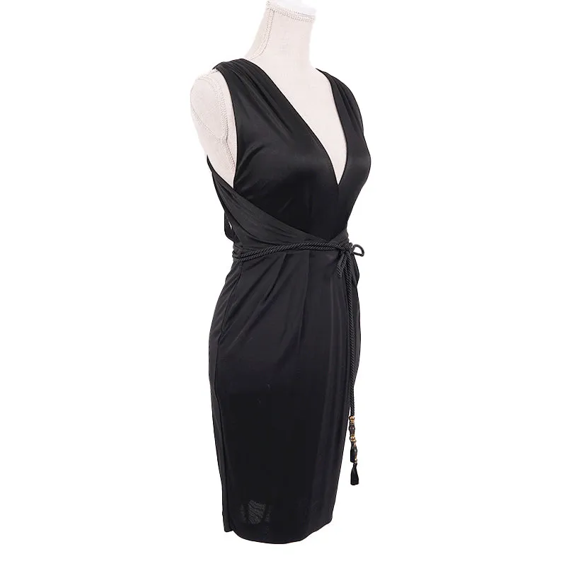 XXS NEW $1595 GUCCI Black DRAPE OPEN BACK Sleeveless CORD BAMBOO BELT DRESS LBD