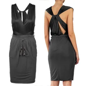XXS NEW $1595 GUCCI Black DRAPE OPEN BACK Sleeveless CORD BAMBOO BELT DRESS LBD