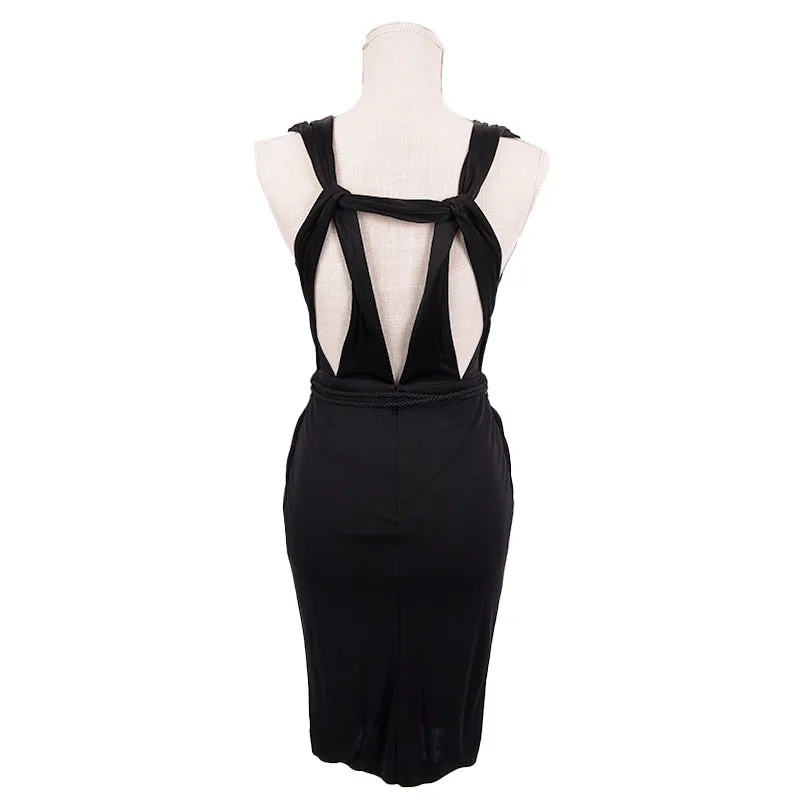 XXS NEW $1595 GUCCI Black DRAPE OPEN BACK Sleeveless CORD BAMBOO BELT DRESS LBD